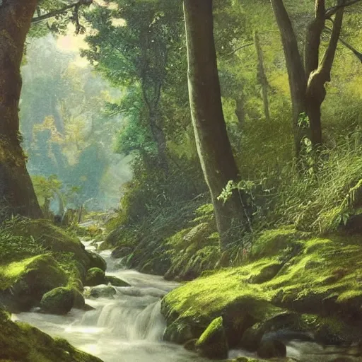 Image similar to A beautiful mixed media art of a serene and picturesque forest scene. The leaves are all different shades of green, and the sunlight is shining through the trees. There is a small stream running through the forest, and the whole scene is surrounded by mountains. avant garde, 3d render by J.C. Leyendecker rhythmic