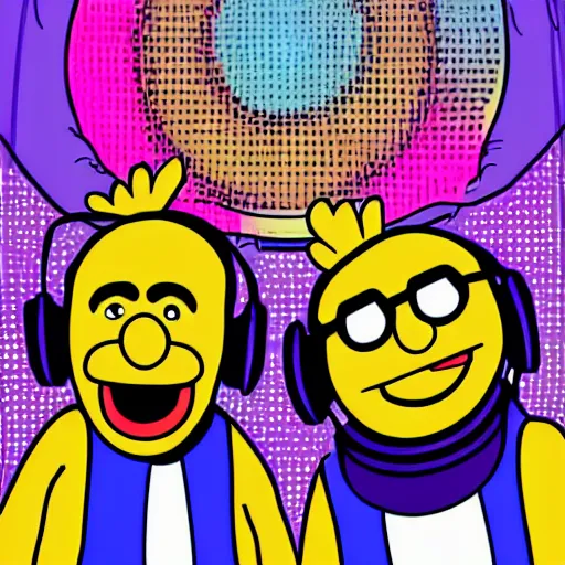 Image similar to svg sticker of a Pop-Wonder Bert&Ernie, Sesame-Street, at a rave, spinning records, giant headphones rocking out, wearing headphones, huge speakers, dancing, rave, DJ, spinning records, digital art, amazing composition, rule-of-thirds, award-winning, trending on artstation, featured on deviantart