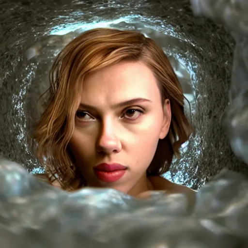 Prompt: scarlett johansson inside a glass tube deep within an eery cave, attire: bikini, photorealism, uhd, octane render, realistic, wide shot, full shot,