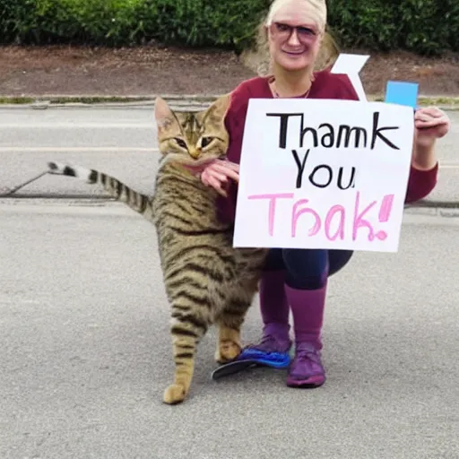 Image similar to a cute tabby cat holding a sign that says