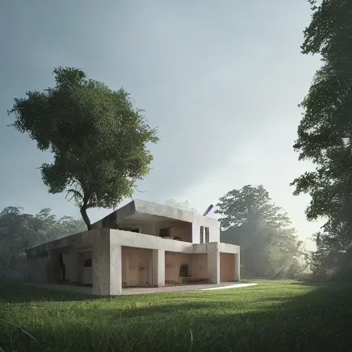 Image similar to beige rectangular house with big courtyard, roman villa, collumns, on a hill surrounded by big trees, dramatic lighting, artstation, matte painting, raphael lacoste, simon stalenhag, frank lloyd wright, zaha hadid, drone view