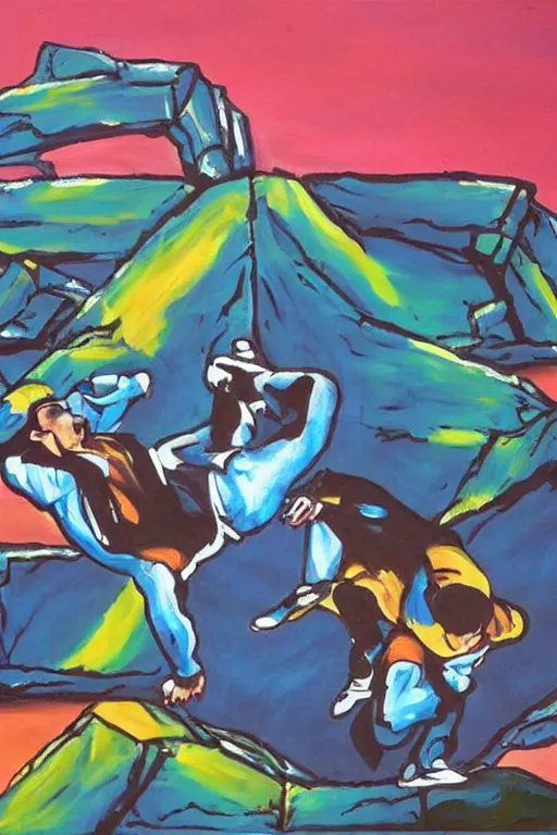 Prompt: a painting of a rock doing a breakdance while singing in front of a stage