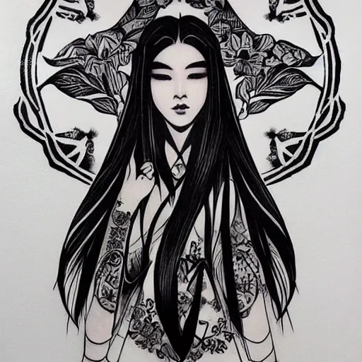 Image similar to tattoo design, stencil, beautiful young female, long dark hair, symmetrical facial features, Japanese, partially clothed in robe, by William-Adolphe Bouguerea and artgerm