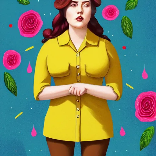 Image similar to colorful and festive cute female young plus size female hitler with tan skin, clear sharp todd solondz face, wearing yellow floral blouse. full body, rich vivid pastel colors, ambient lighting, dynamic lighting, 4 k, atmospheric lighting, painted, intricate, highly detailed by charlie bowater