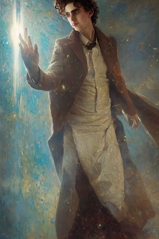 Image similar to timothee chalamet as doctor who, radiant light, caustics, heroic, bright iridescent light, by gaston bussiere, bayard wu, greg rutkowski, maxim verehin bloom dramatic lighting