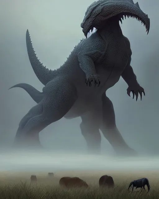 Prompt: concept art of a massive sleek kaiju creature hybrid, standing in a field covered in fog looming over a herd of animals | | cute - fine - fine details by stanley artgerm lau, wlop, rossdraws, and sakimichan, trending on artstation, brush strokes