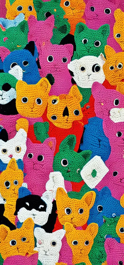 Prompt: cut and paste collage, multicolored crocheted cats, 1 9 9 0 s catalogue photo,