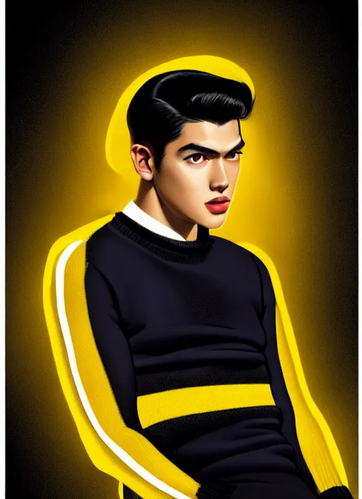 Image similar to portrait of young reggie mantle, mean smirk, egotistical, slicked back hair, striped yellow and black sweater, 1 9 5 0 s, intricate, elegant, glowing lights, highly detailed, digital painting, artstation, concept art, smooth, sharp focus, illustration, art by wlop, mars ravelo and greg rutkowski