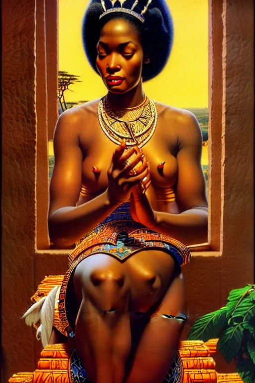 Prompt: an african goddess queen in a temple by gil elvgren and norman rockwell and rob gonsalves and hajime sorayama, hyperrealistic, high detail, ultra detailed, highly detailed face, feminine facial features