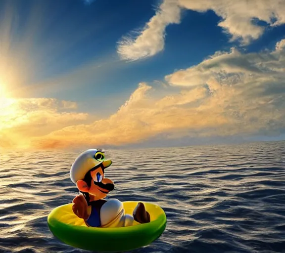 Prompt: luigi floating on an egg over the sea, wide shot, dramatic, golden hour