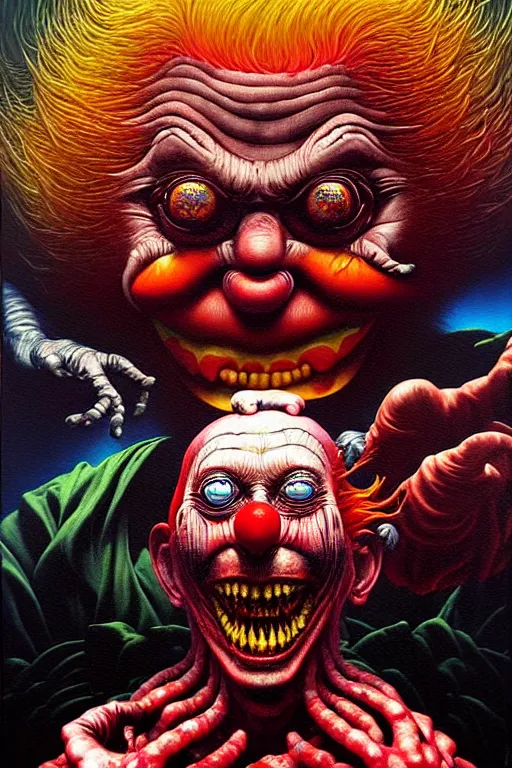 Image similar to a hyperrealistic painting of a evil boss fight against tyrant ronald mcdonald, cinematic horror by chris cunningham, lisa frank, richard corben, highly detailed, vivid color, beksinski painting, part by adrian ghenie and gerhard richter. art by takato yamamoto. masterpiece