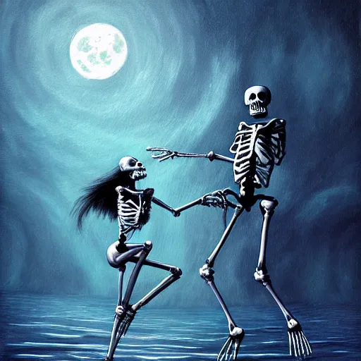 Prompt: highly detailed painting Macabre Dancing skeletons eerie moonlit under water scene digital art deviantart