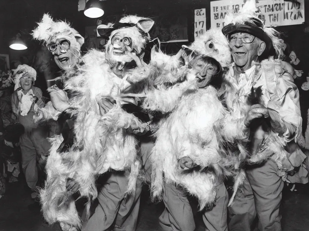 Image similar to a couple of grandparents of 1 0 0 years old wearing pig costume and dancing, extreme long shot, kodachrome, backlight, add a glow around subj. edge, in twin peaks, 1 9 9 0 s