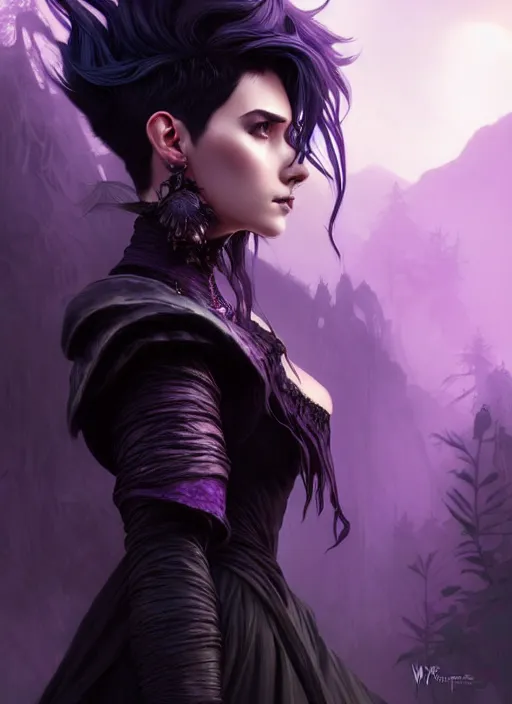 Image similar to side portrait dark witch, adventurer outfit large cloak, fantasy forest landscape, dragon scales, fantasy magic, undercut hairstyle, short purple black fade hair, dark light night, intricate, elegant, sharp focus, illustration, highly detailed, digital painting, concept art, matte, art by WLOP and Artgerm and Greg Rutkowski and Alphonse Mucha, masterpiece