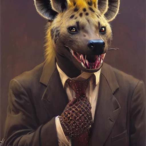 Image similar to a portrait of a hyena wearing a suit and smiling at the viewer. highly detailed painting by gaston bussiere, craig mullins, j. c. leyendecker 8 k