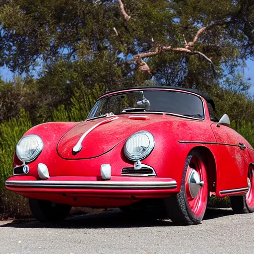 Prompt: abadoned porsche 356 roadster, red interior, at a car park next to a beach in california , morning