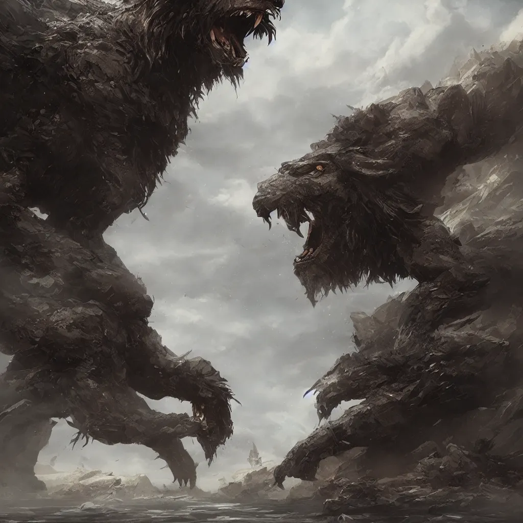 Image similar to Giant black rock lion monster art, in the style of greg rutkowski, illustration, epic, fantasy, intricate, hyper detailed, artstation, concept art, smooth, sharp focus, ray tracing