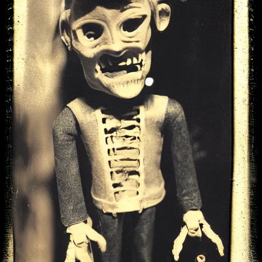 Image similar to creepy marionette puppet, clockwork horror, pediophobia, lost photograph, forgotten, final photo found before disaster, polaroid,