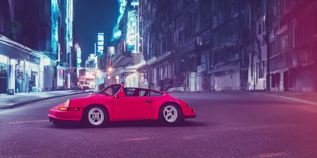 Prompt: Lone 80s red Porsche sports car doing a burnout on a deserted city street at night time, purple lighted street, wide angle, cinematic, hard focus, retro-wave vibes, grainy, soft motion blur, VHS Screencap