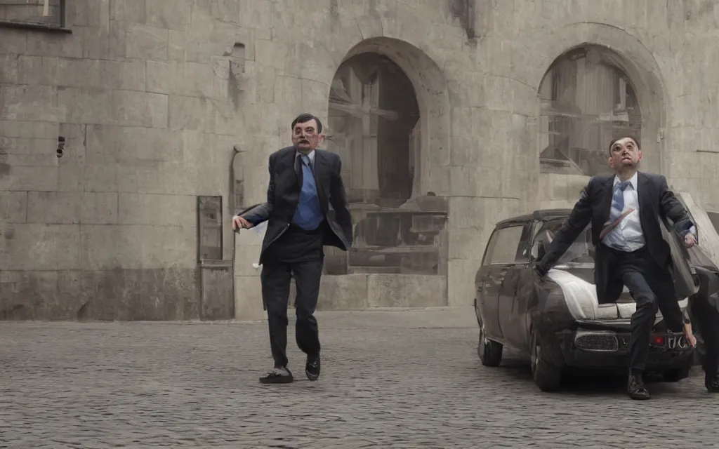 Image similar to dramatic photo of mr bean, professional videography, epic dramatic movie scene, scene shot by professional movie maker Hans Herbick, beautiful, lighting and SFX, high definition, action shot, vivid, brutal