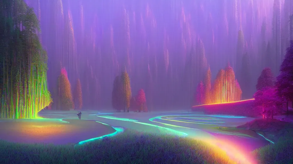 Prompt: highly detailed holographic iridescent glowing ethereal sci fi world with forests, mountains, fog at dusk, by gilbert williams, by simon stalenhag, by beeple, by bruce pennington, by moebius, octane render, with many different pastel shades of blue pink orange yellow green, beautiful prismatic volumetric lighting