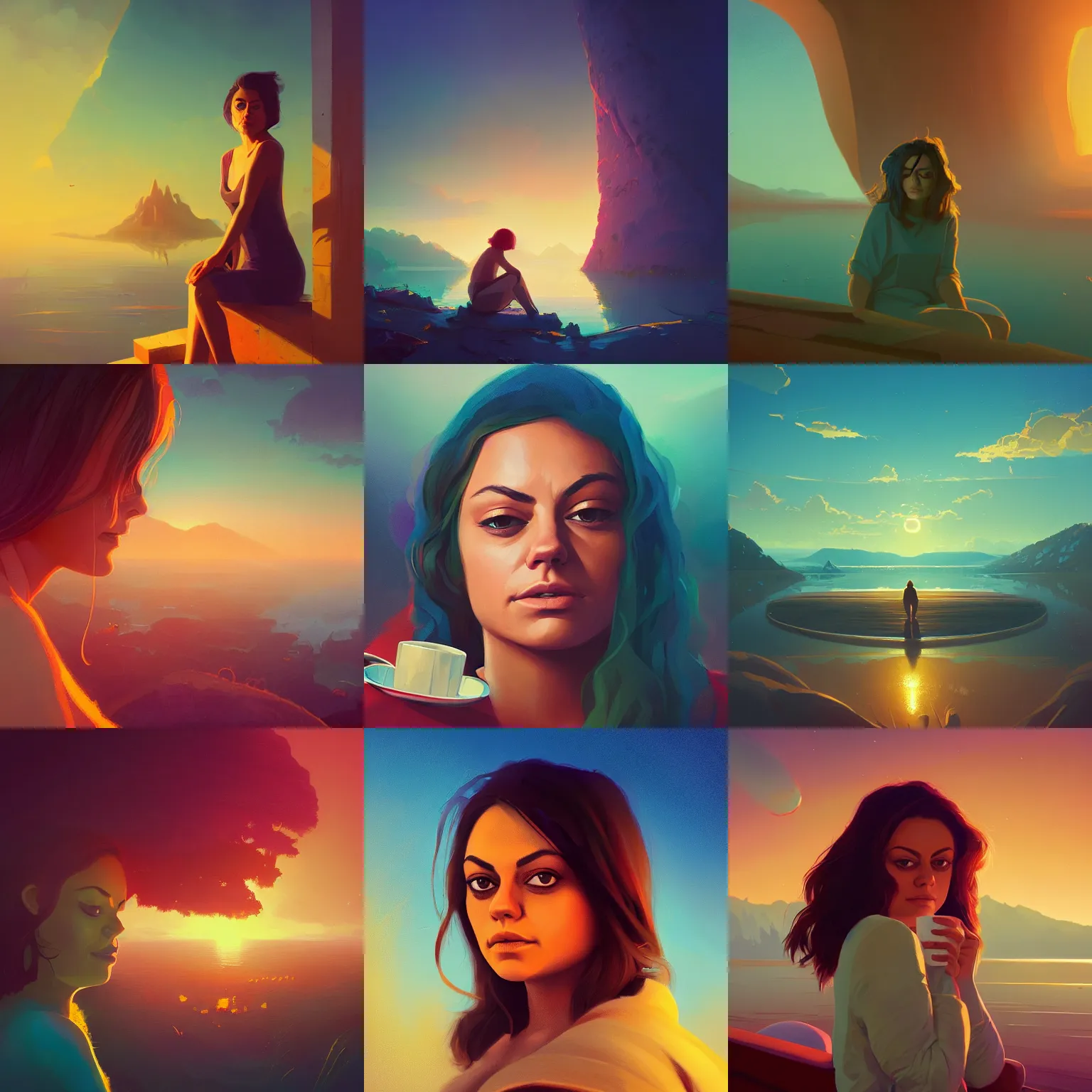 Image similar to close - up portrait of sleepy mila kunis, morning golden hour, steaming coffee, mystical lake view vista, anton fadeev, paul lehr, rhads, alena aenami