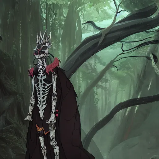 Image similar to concept art painting of an anthropomorphic dragon king with black robes, a long neck, and skull mask, in a deep forest, cel shaded, in the style of makoto shinkai and james gurney and studio ghibli and moebius