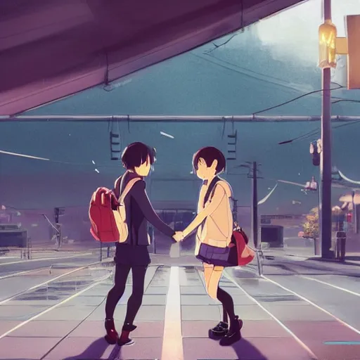 Prompt: a couple meeting up at a trainstation, running at each other with open arms, in the style of Kimi no Na wa. cgsociety masterpiece, artstation trending, by rossdraws, ghibli, your name, greg rutkowski