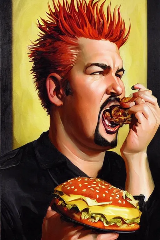 Image similar to guy fieri devouring burger, painting by jc leyendecker!! phil hale!, angular, brush strokes, painterly, vintage, crisp