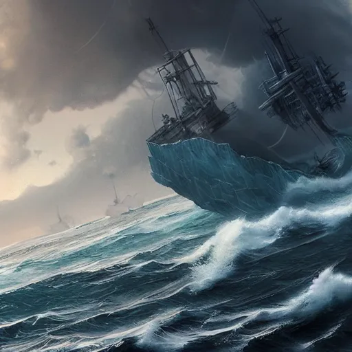 Image similar to A large ship sailing through stormy seas, with waves crashing against its sides, illustration, epic, fantasy, hyper detailed, smooth, unreal engine, sharp focus, trending on artstation