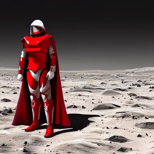 Image similar to tall muscular infantry man in glossy sleek white armor with a few red details and a long red cape, heroic posture, on the surface of mars, night time, dramatic lighting, cinematic, sci-fi, hyperrealistic, movie still