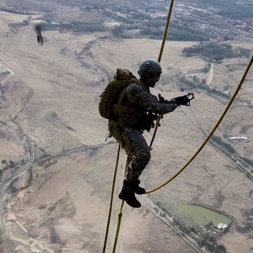 Prompt: Special Forces in grey uniform rappelling from a helicopter in Ukraine 2022, photo by Adam Ferguson, Pulitzer Winning, cinematic composition, breathtaking, modern, 2022