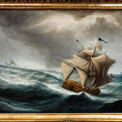 Image similar to a medieval vessel sailing the sea in a rough storm, sailors frantically pulling at ropes and tying the sails, large waves crashing and lightning striking in the distance, dark great clouds swirling above, detailed and oil painting