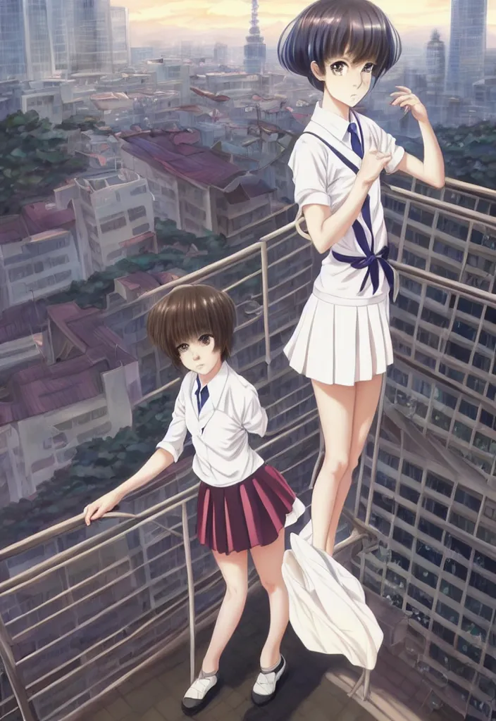 Image similar to beautiful full body portrait of one anime female with short hair, wearing Japanese school uniform, standing in on a balcony overlooking downtown Tokyo, D&D, fantasy, intricate, elegant, highly detailed, digital painting, artstation, concept art, smooth, sharp focus, illustration, art by artgerm and WLOP and Krenz Cushart and greg rutkowski and alphonse mucha