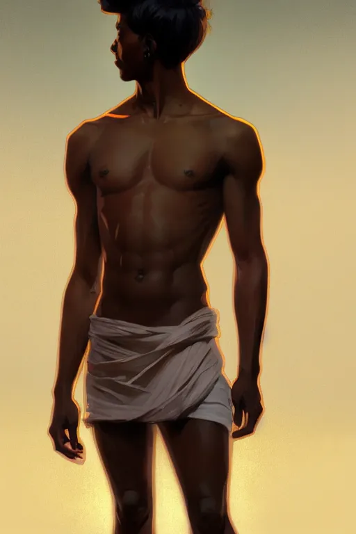 Prompt: full figure beautiful young fit dark skin man, dressed with multicolored fluent clothes, luminous scene, by greg rutkowski and alphonse mucha, d & d character, gradient white to gold, in front of a dune desert background, highly detailed portrait, digital painting, artstation, concept art, smooth, sharp focus illustration, artstation hq