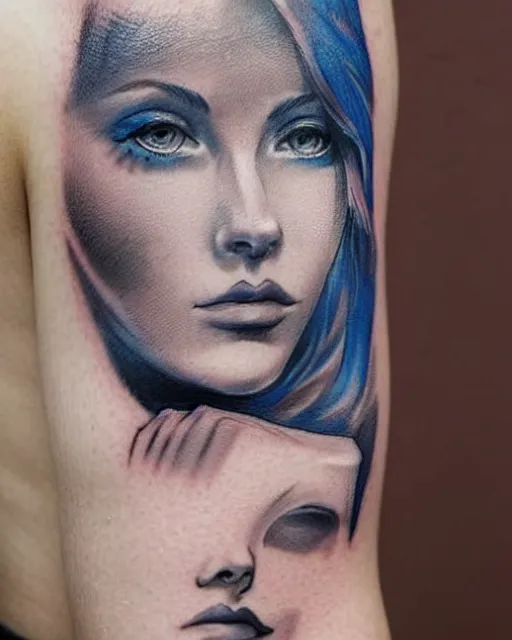 Image similar to tattoo design sketch of a beautiful blue - eyed woman face with a faded background of beautiful mountains on her side, hyper - realistic, in the style of den yakovlev, amazing detail, black and white