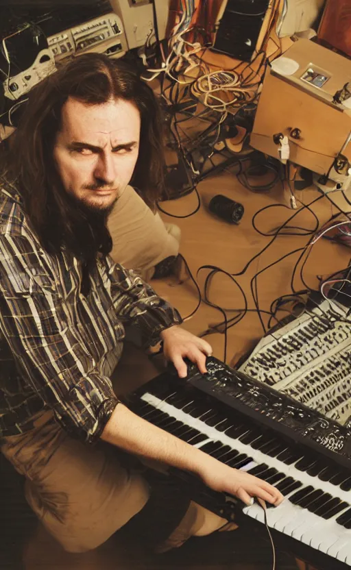 Image similar to portrait of extremely frustrated male electronic serialist compser with long brown hair in front of his broken synthesizer, all ruined, expressionist photo, masculine, brutal