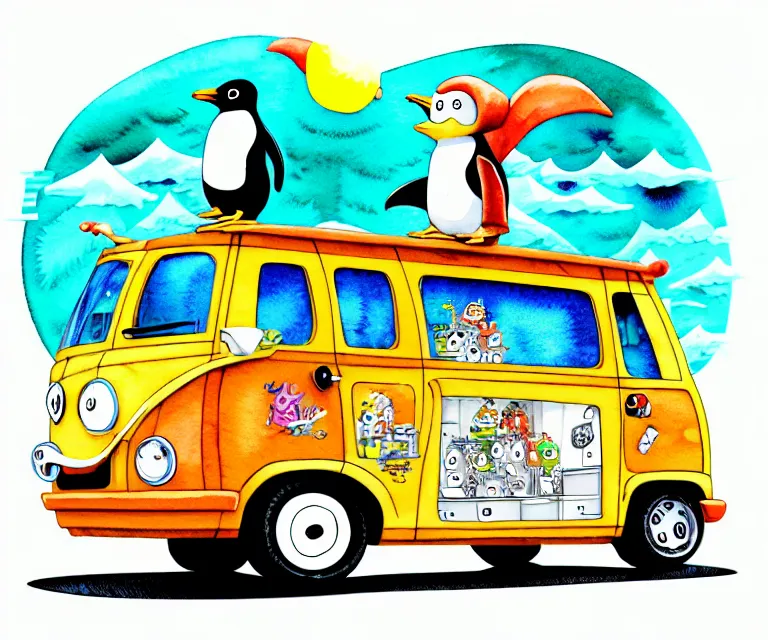 Image similar to cute and funny, penguin riding in a tiny mystery machine van with an oversized engine, ratfink style by ed roth, centered award winning watercolor pen illustration, isometric illustration by chihiro iwasaki, edited by range murata, tiny details by artgerm and watercolor girl, symmetrically isometrically centered, sharply focused