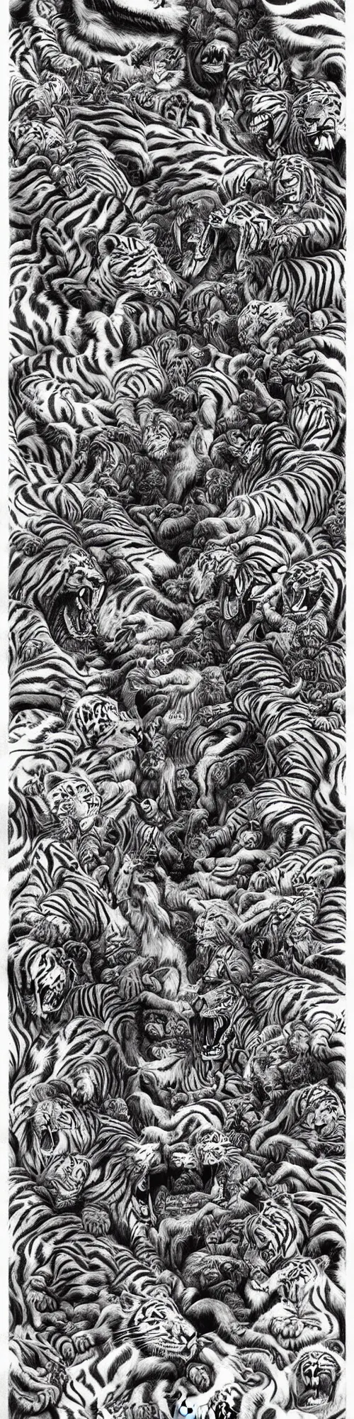 Prompt: lions and tiger and bears dissolving into melted liquid braids, cubensis, aztec, basil wolverton, r crumb, hr giger, mc escher, dali, muted colors