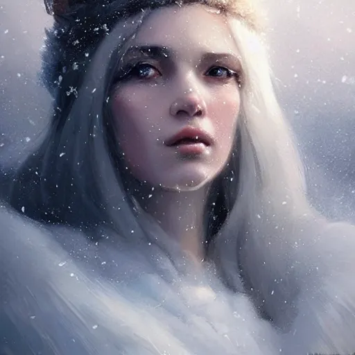 Image similar to a beautiful portrait of an winter goddess with ice hair by Greg Rutkowski and Raymond Swanland, snowflakes falling, Trending on Artstation, ultra realistic digital art