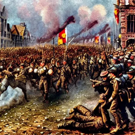 Prompt: the invasion of belgium in 1 9 1 4 hyper realistic coloured image