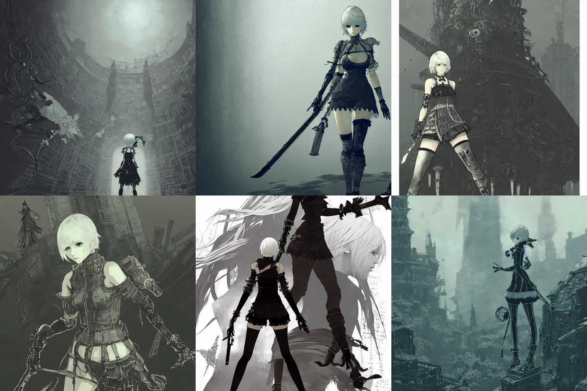 Prompt: nier illustrated by akihiko yoshida, concept art, highly detailed