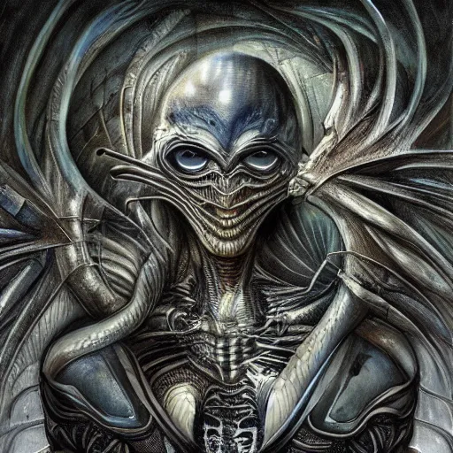 Image similar to Giger portrait of queen dragon, Dragon in dragon lair, HD, full body dragon concept, flying dragon, soft shading, hyperdetailed, wide angle lens, fantasy, futuristic horror, style of giger