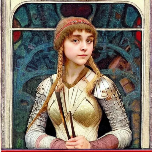 Image similar to annasophia robb in medieval armour, bowl haircut, mucha, bouguereau