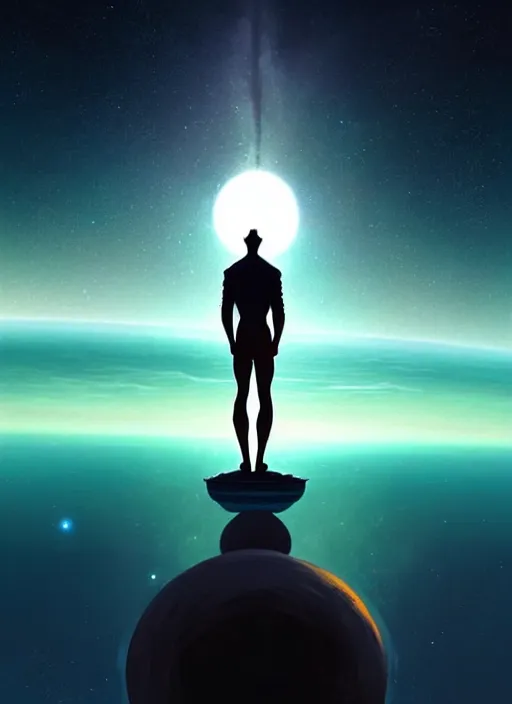 Image similar to symmetry!! landscape of a silhouette man standing on neptune, looking out into the vastness of space, digital art, art by artgerm greg rutkowski and andreas rocha, cinematic lighting, highly detailed, warm colours, 8 k