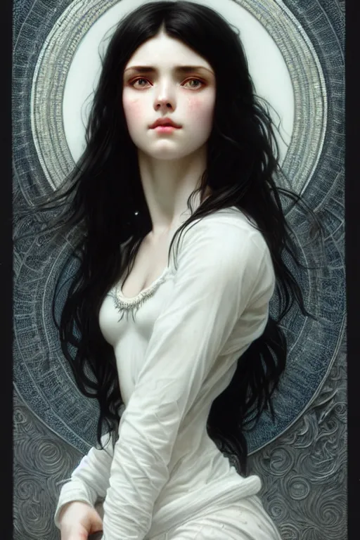 Image similar to ultra realistic, Beautiful black haired woman, Porcelain white complexion, big blue eyes, cute small lips., wearing jeans and white blouse, whip in hand, intricate details, eerie, highly detailed, octane render, 8k, art by artgerm and alphonse mucha and greg rutkowski