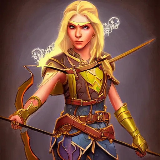 Prompt: beautiful female archer, yellow lighting, emma waston face, in hearthstone art style, epic fantasy style art, fantasy epic digital art, epic fantasy card game art