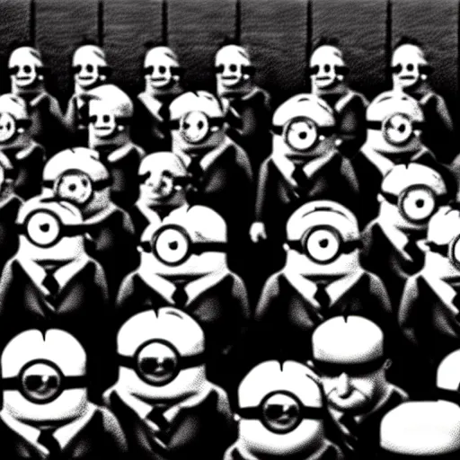 Image similar to The minions minions minions at the Nuremberg trials, monochrome, very low contrast, noise