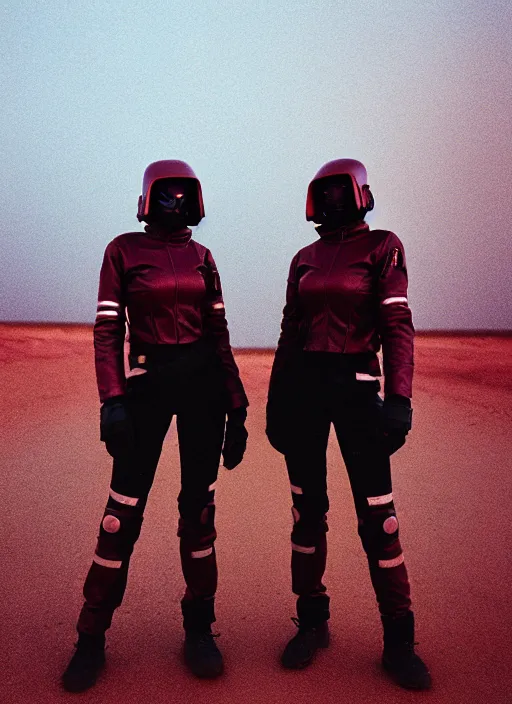 Image similar to photographic portrait shot on cinestill 5 0 d of two loving clones, techwear women on a desolate plain with a red sky, a brutalist dark metal facility in the background, dust storm, 3 5 mm, 8 k, depth of field, high resolution, ultra realistic faces