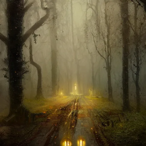 Image similar to a dark, mossy, gloomy, rainy road surrounded by woodland trees, leading to a beautiful, radiant house, illustrated by greg rutkowski and gaston bussiere, cgsociety contest winner, trending on artstation, intricately defined, complexly detailed, gloomy, rainy atmosphere, 4 k